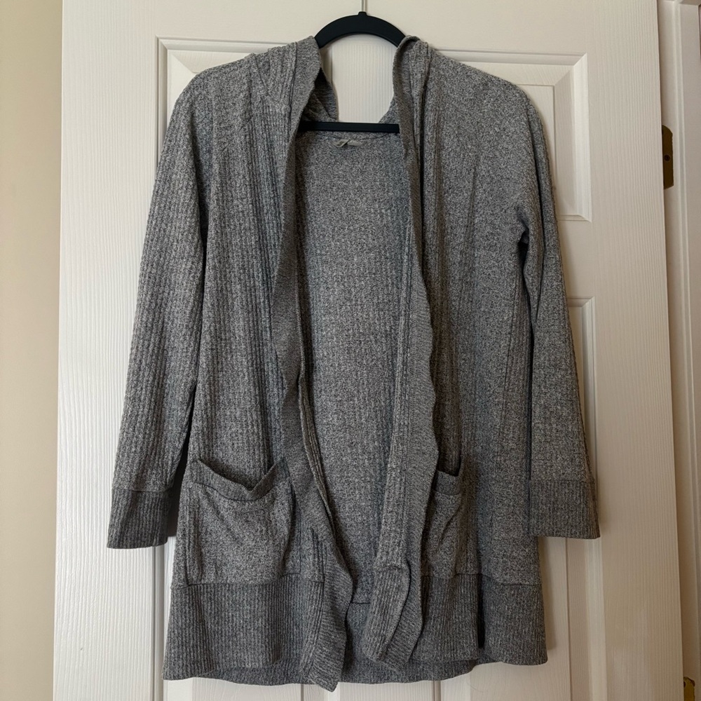 Mudd Women’s Open Front Hooded Cardigan Sweater – Gray Waffle Knit – Size M